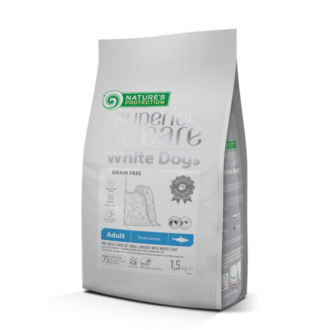 dry grain free food for adult dogs of small breeds with white coat